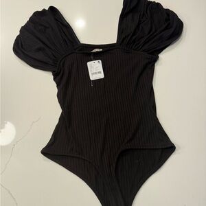 Free People Black Puff Sleeve Bodysuit